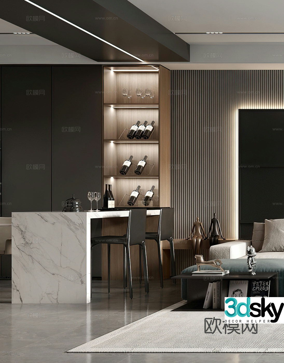 Modern restaurant island wine cabinet Italian restaurant black and white gray living restaurant dark style bar 3d model