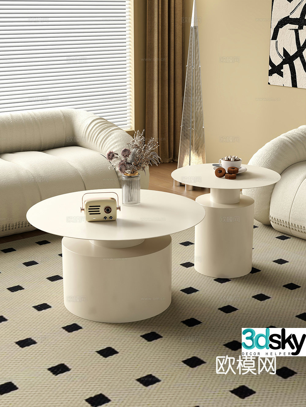 Creamy living room letter coffee table sofa coffee table combination decoration 3d model