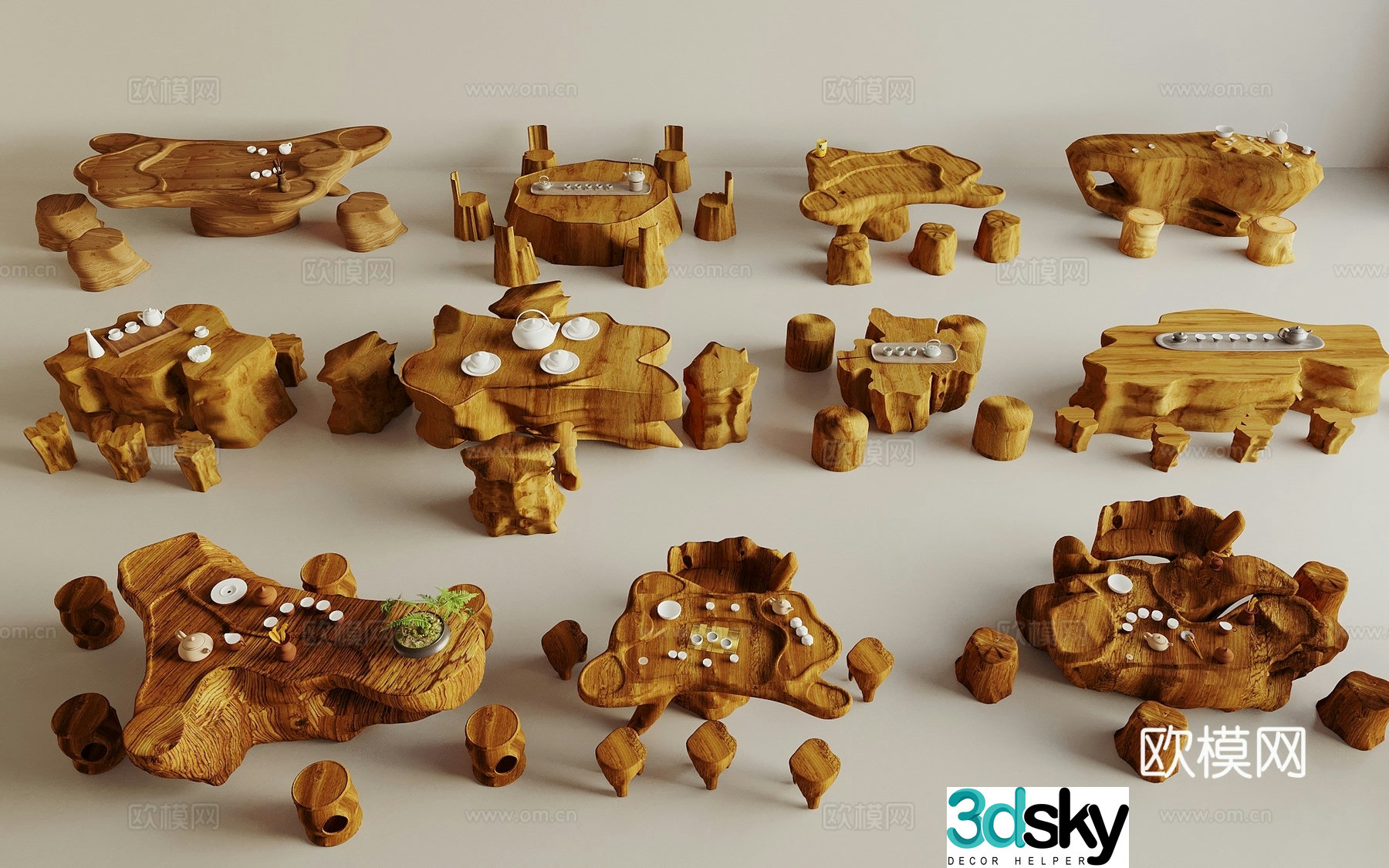 New Chinese Root Carving Tea Table and Chair Wooden Pile Tea Table and Chair Tree Stump Wooden Table and Chair Wooden Stool Log Chair 3D Model