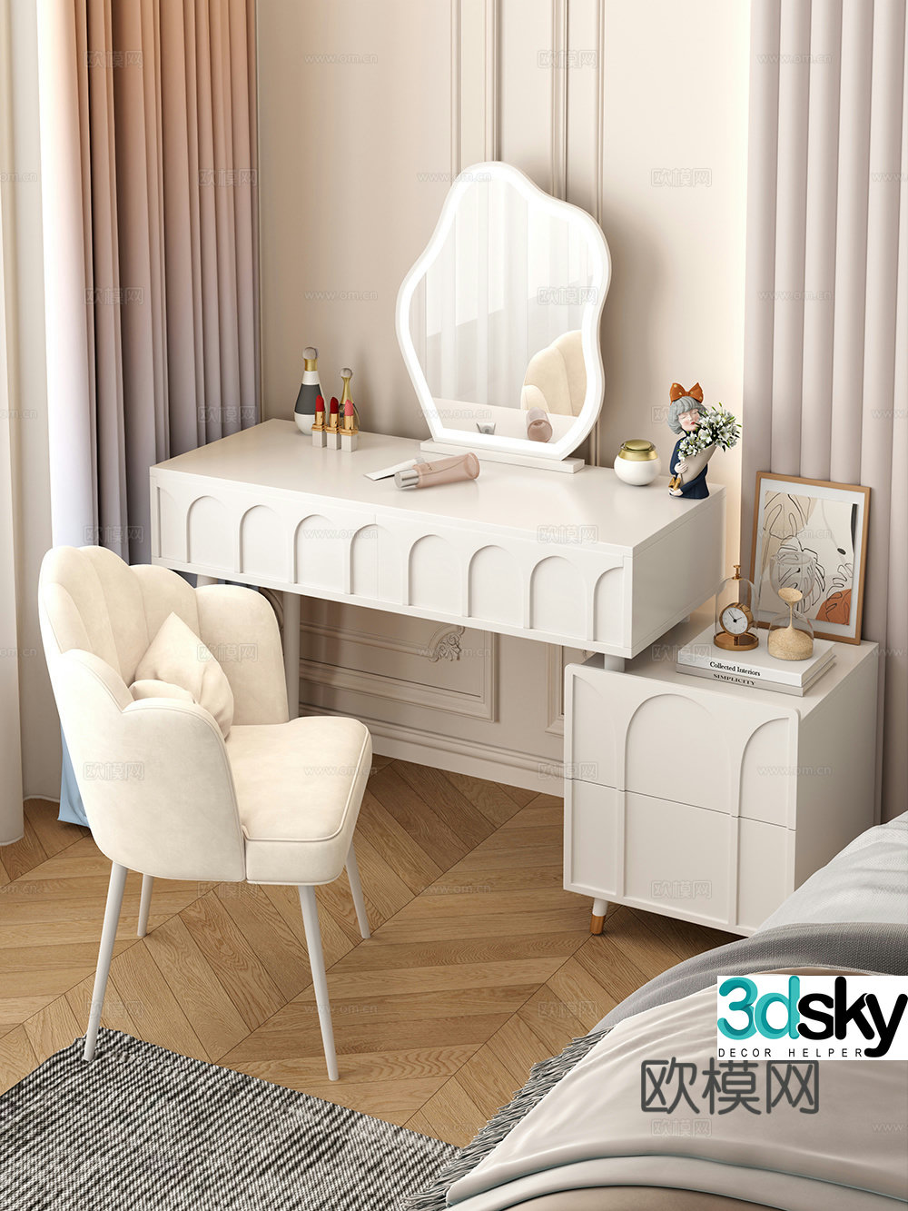 Cream style dressing table makeup stool combination dressing table makeup stool mirror decoration hanging painting 3D model