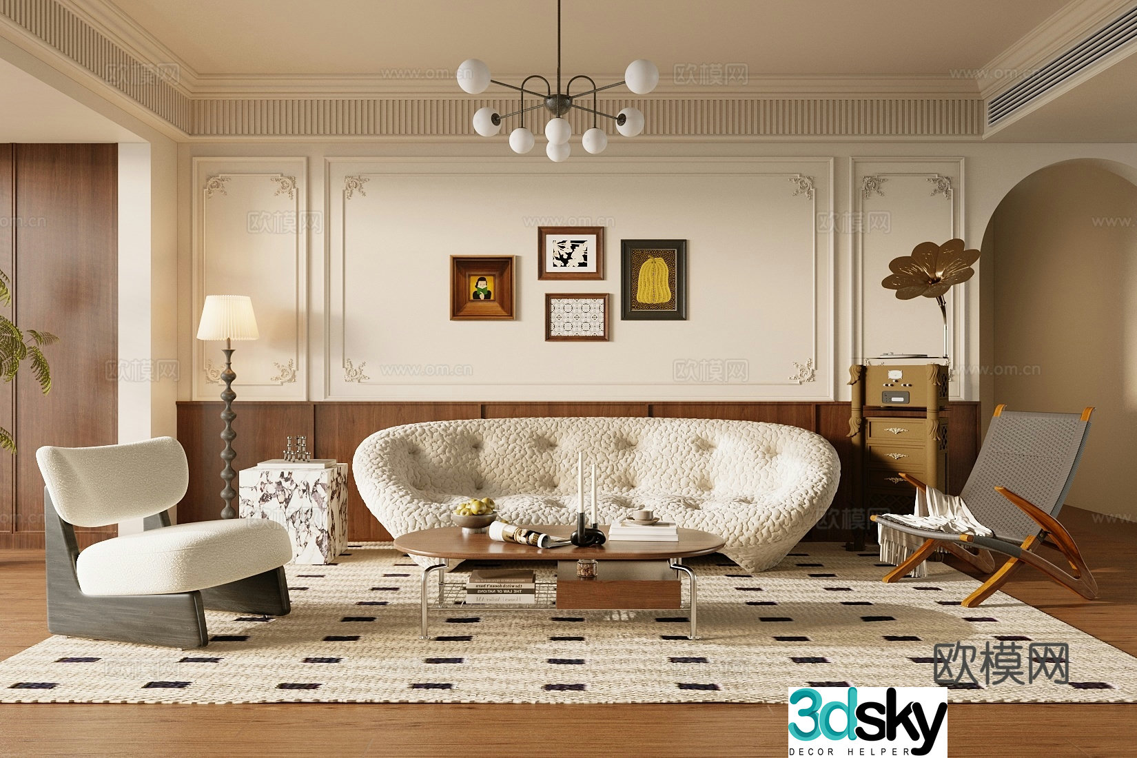 Medium-old home living room small living room sofa and coffee table combination 3D model