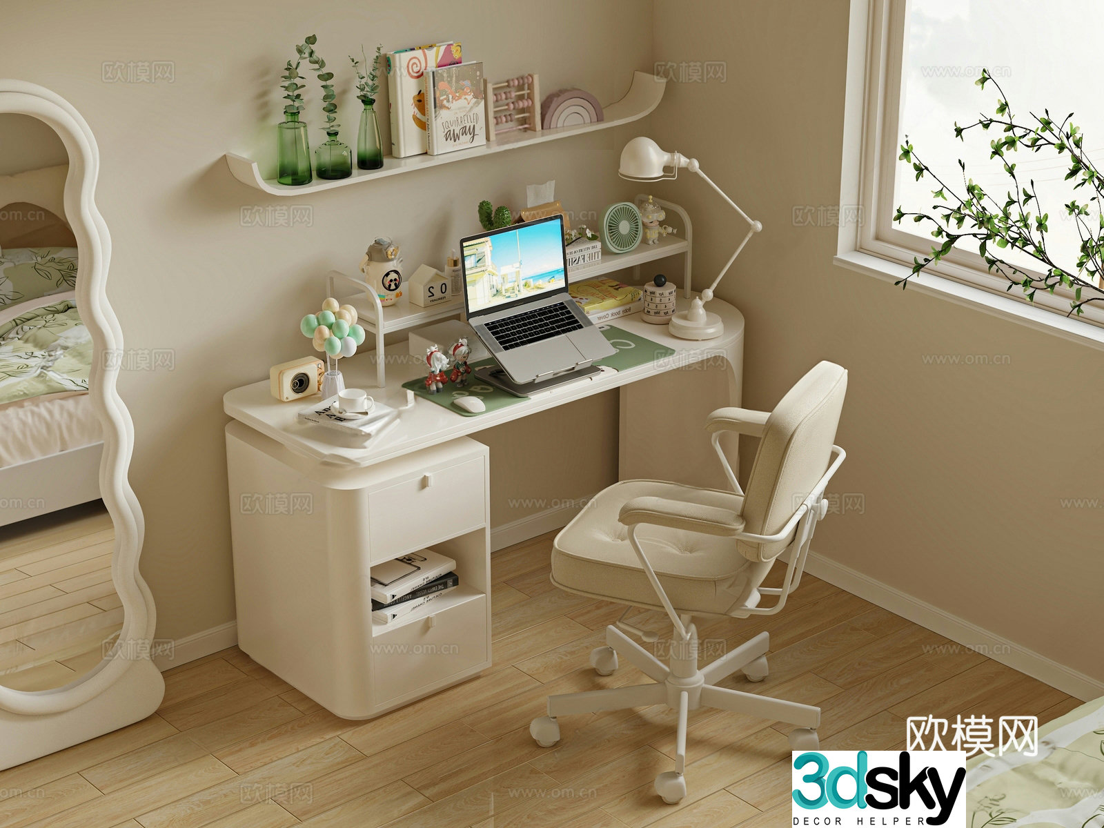 Cream desk and chair desk and chair study desk and chair desk and chair computer desk and chair 3d model