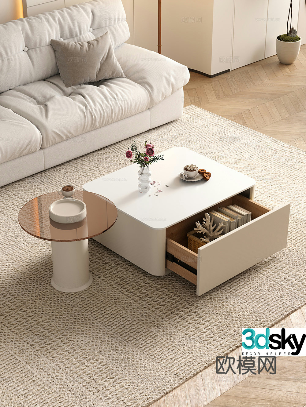 Creamy living room letter coffee table sofa coffee table combination decoration 3d model
