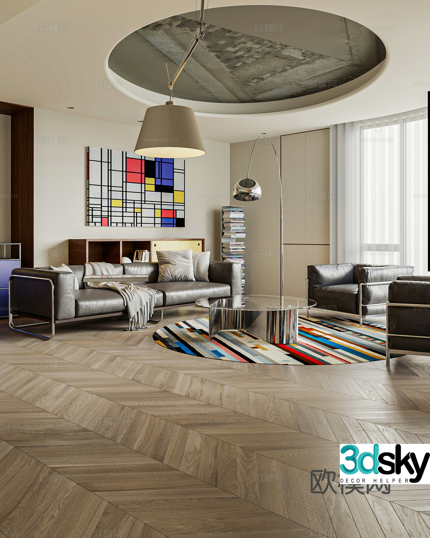Modern Bauhaus living room usm chest of drawers metal leather sofa medieval round table living room without owner light 3d model