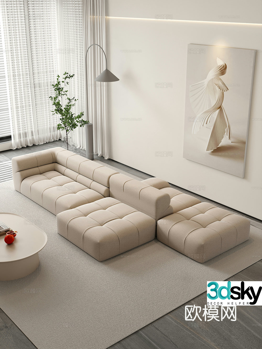 Creamy living room modern simple home living room sofa coffee table combination fabric sofa 3D model