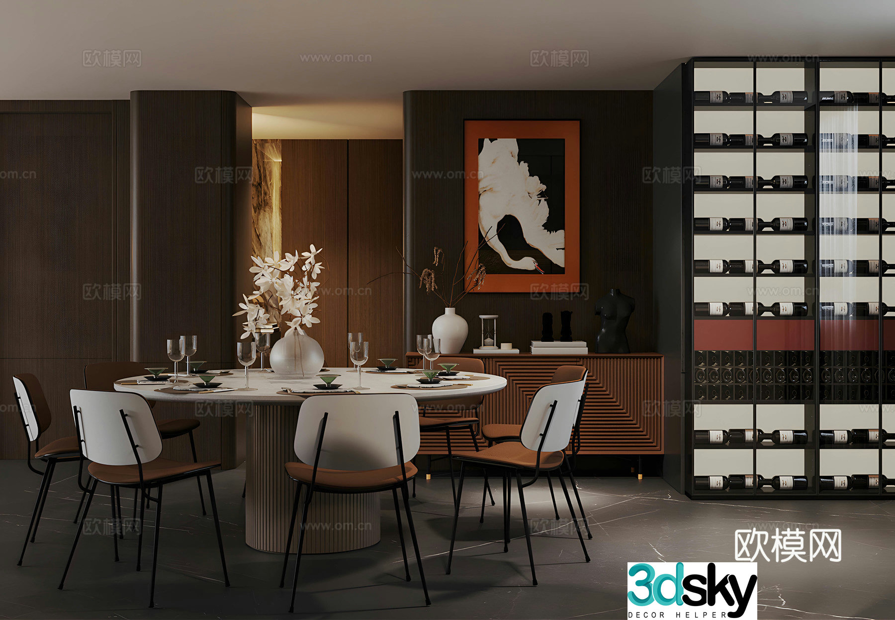 Italian light luxury home restaurant Marble oval dining table Kitchen restaurant Round table restaurant Red wine cabinet 3D model