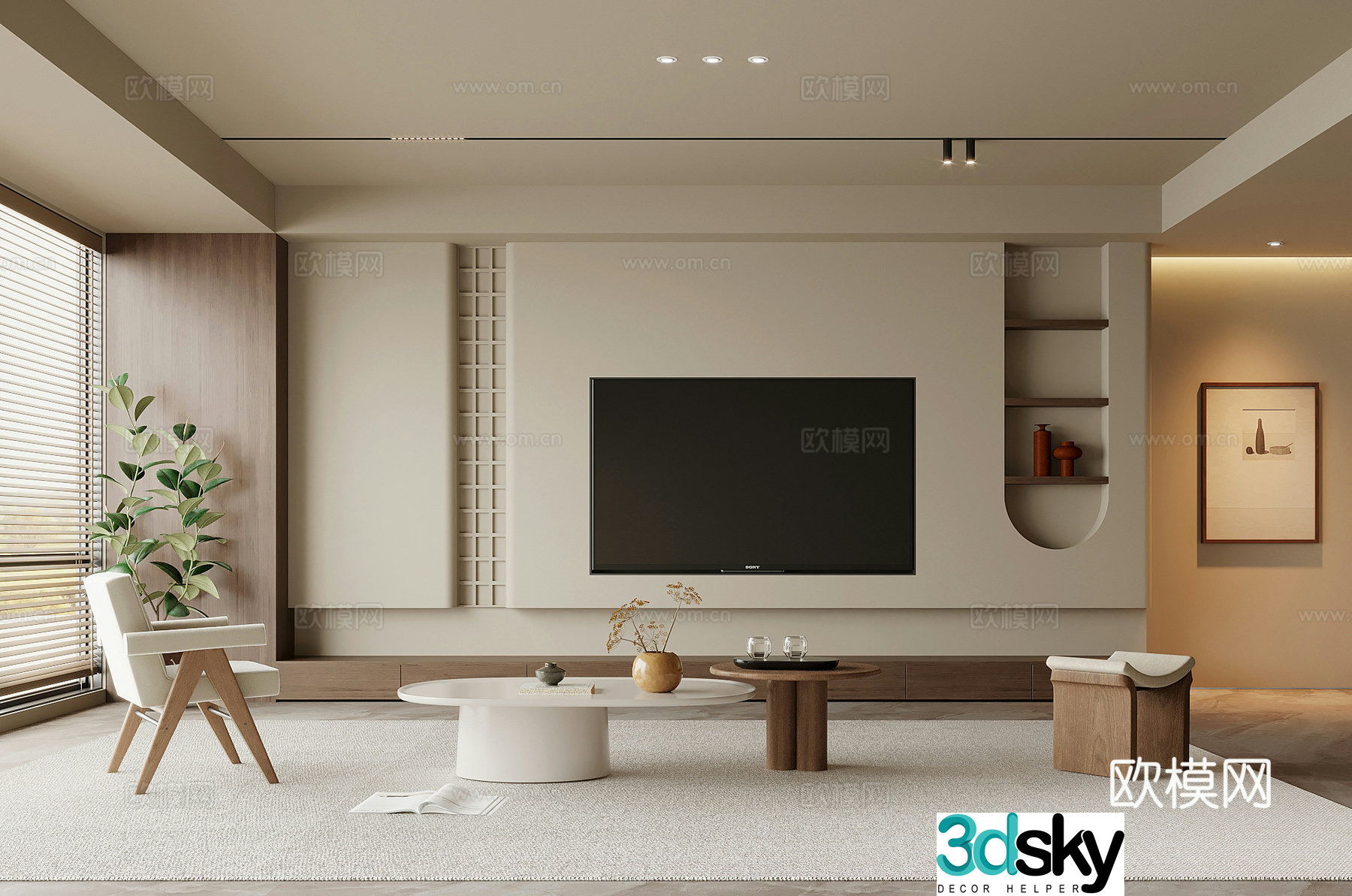 Middle style living room TV background wall sofa coffee table combination 3D model