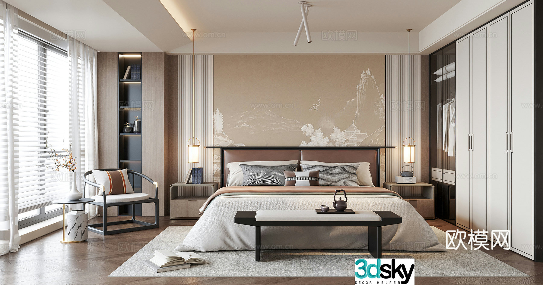 New Chinese style bedroom double bed master bedroom bedside stool 3D model