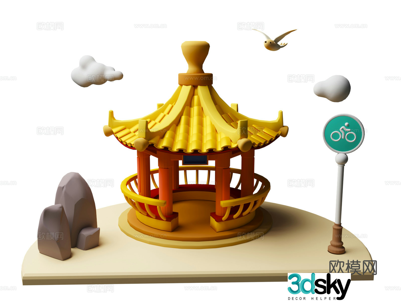 Cartoon characters cartoon Chinese pavilion cartoon pavilion scene beautiful atmosphere spring outing 3D model