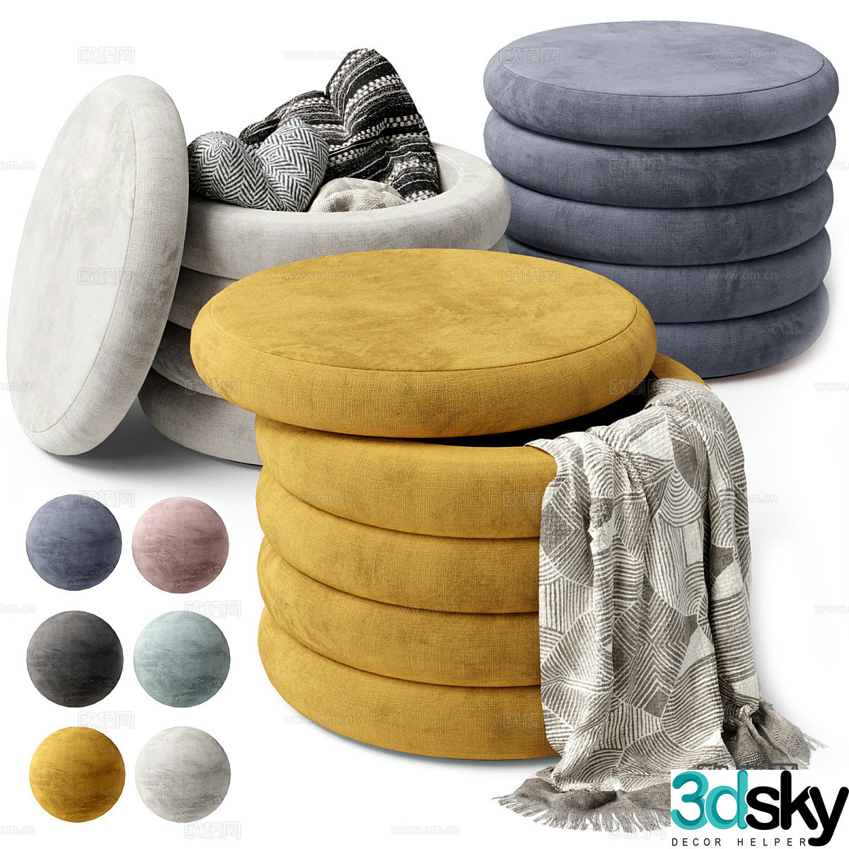 Modern cream style fabric stool 3d model