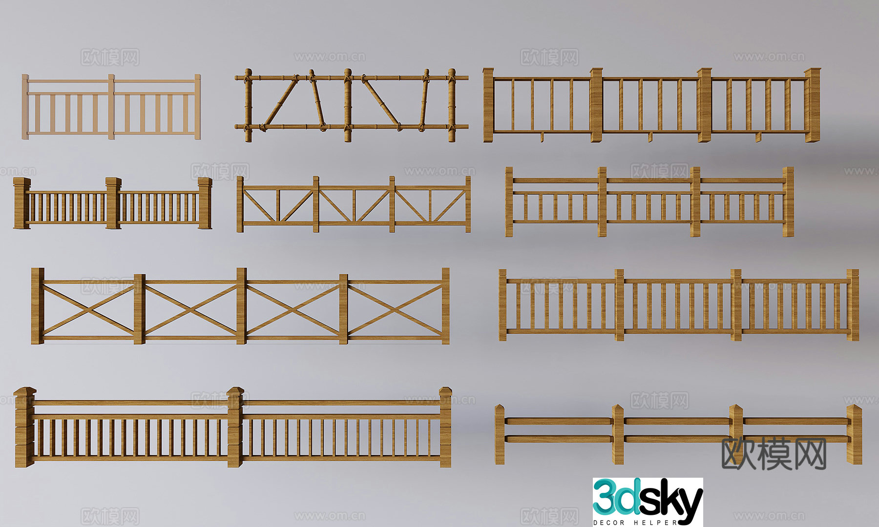 Chinese fence stair guardrail solid wood railing fence bamboo fence partition guardrail 3D model