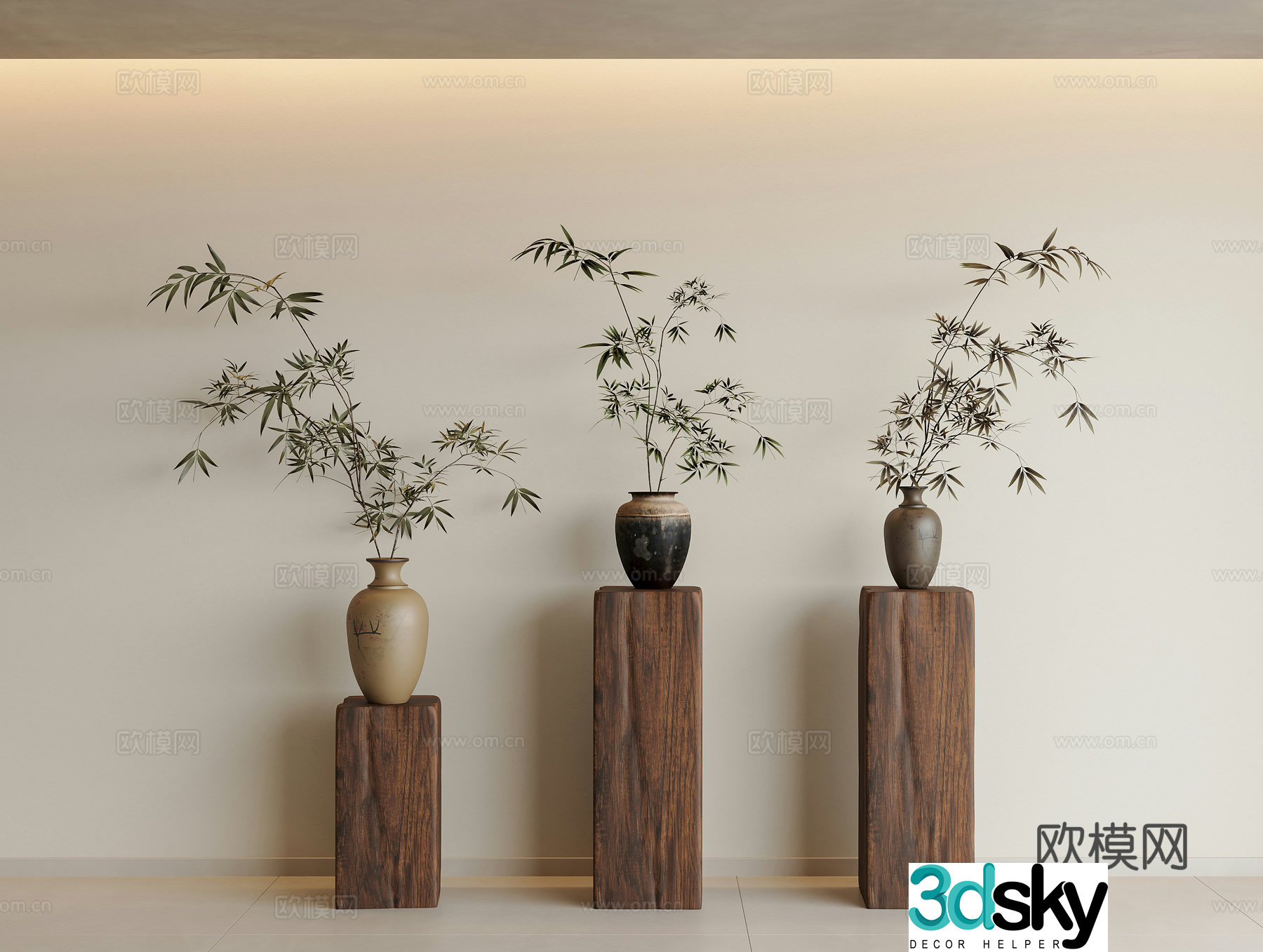 Wasabi dry branches and flower art medieval potted dry branches green plant decorations dead trees pottery jar vase Wasabi wind 3D model
