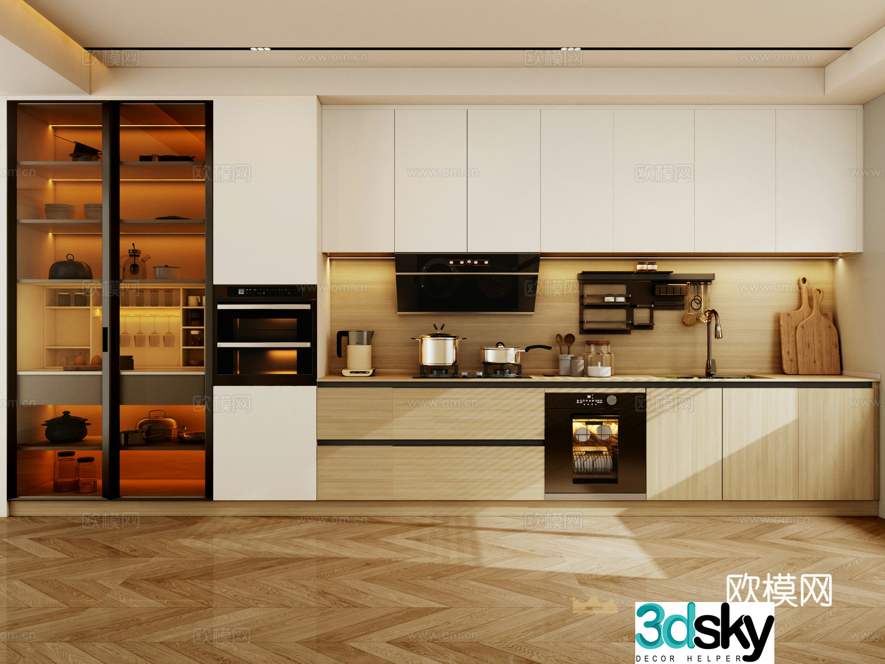 Modern cream style kitchen single-shaped cabinet open cabinet 3d model