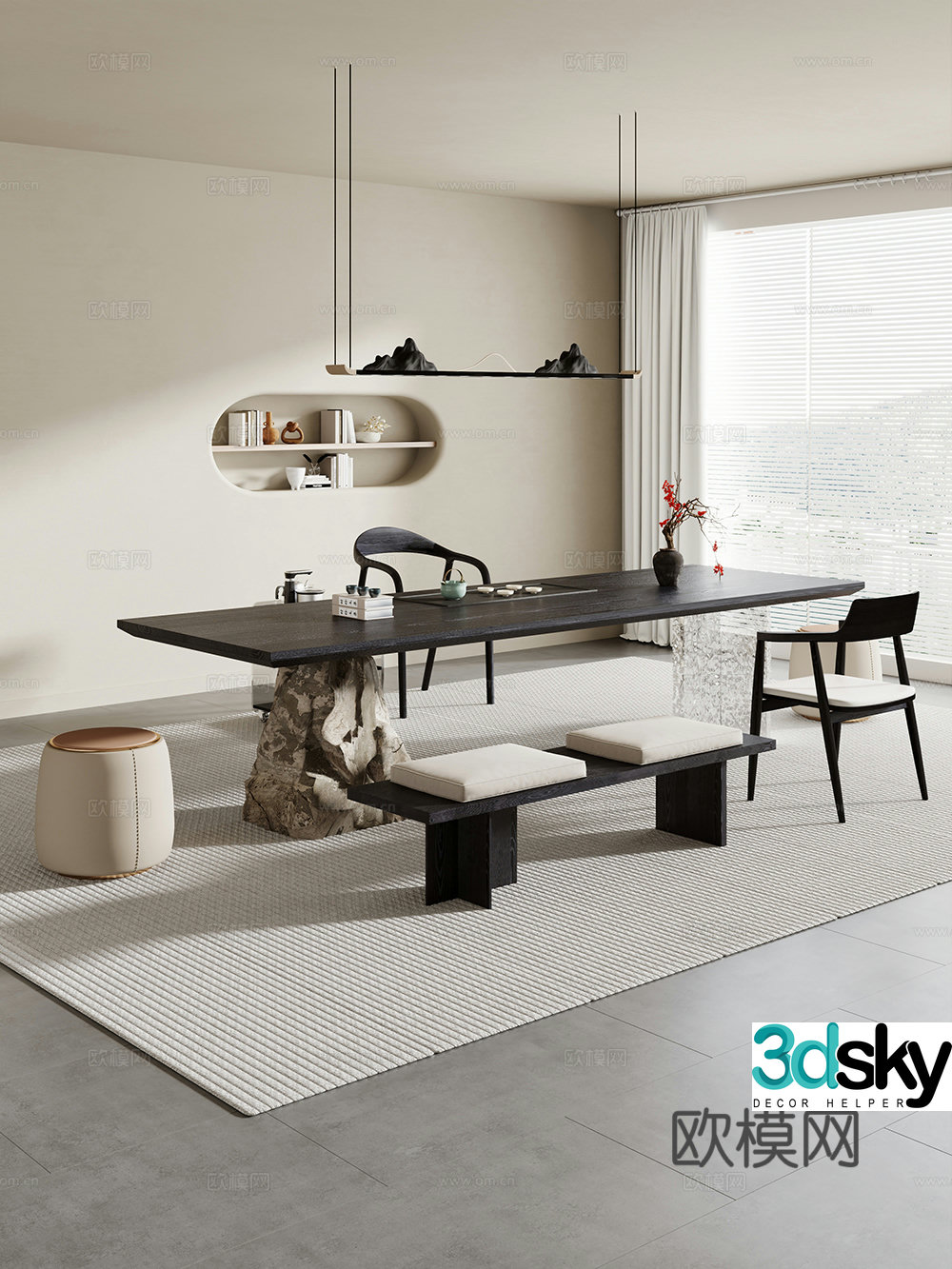 Creamy large plate table tea table and chair combination tea table tea table tea room tea table balcony tea table 3D model