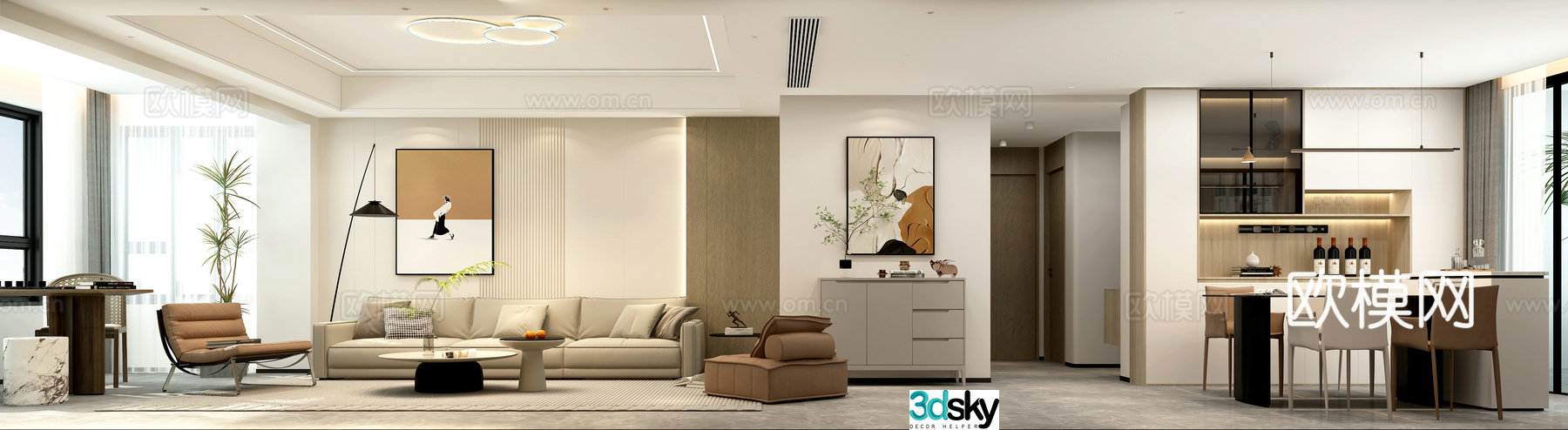 Modern living and dining room casual balcony island dining table 3d model