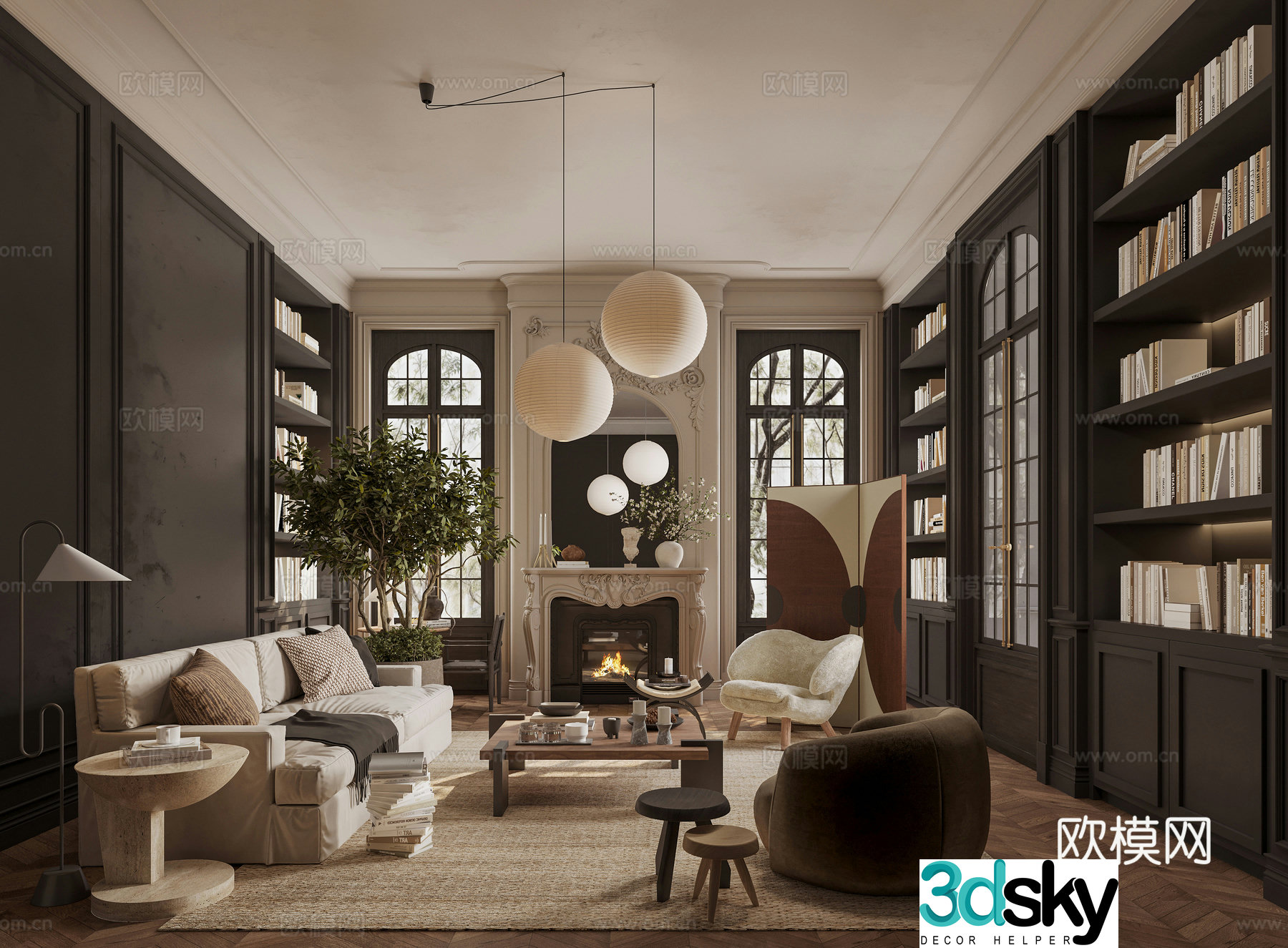 French medieval style living room sofa and coffee table combination fireplace 3d model