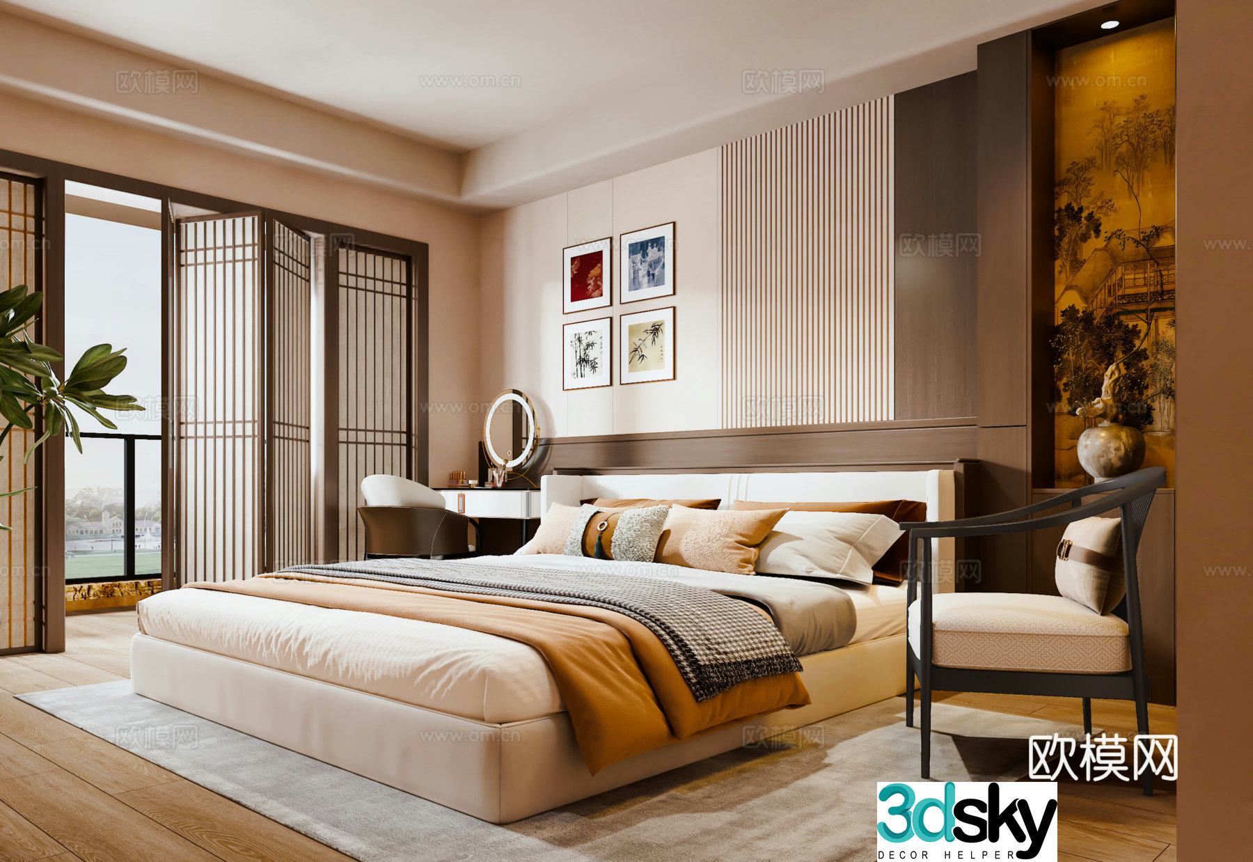 New Chinese style bedroom screen partition background wall double bed makeup table 3d model