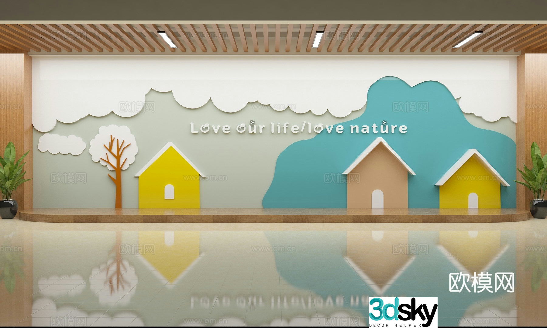 Kindergarten hall cultural wall 3d model