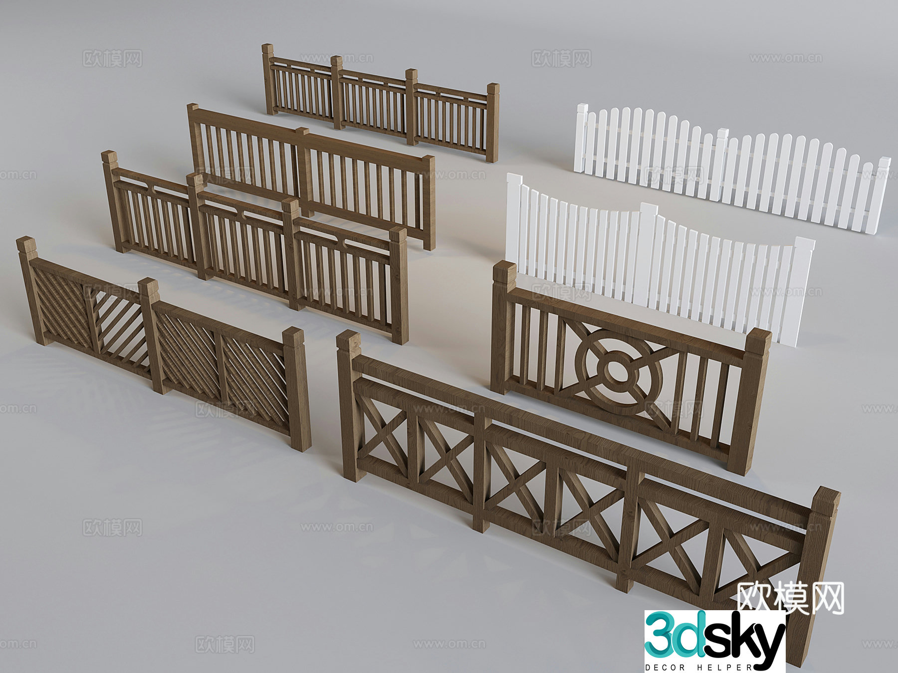 Chinese hollow stair railing guardrail courtyard fence solid wood stair handrail guardrail 3D model