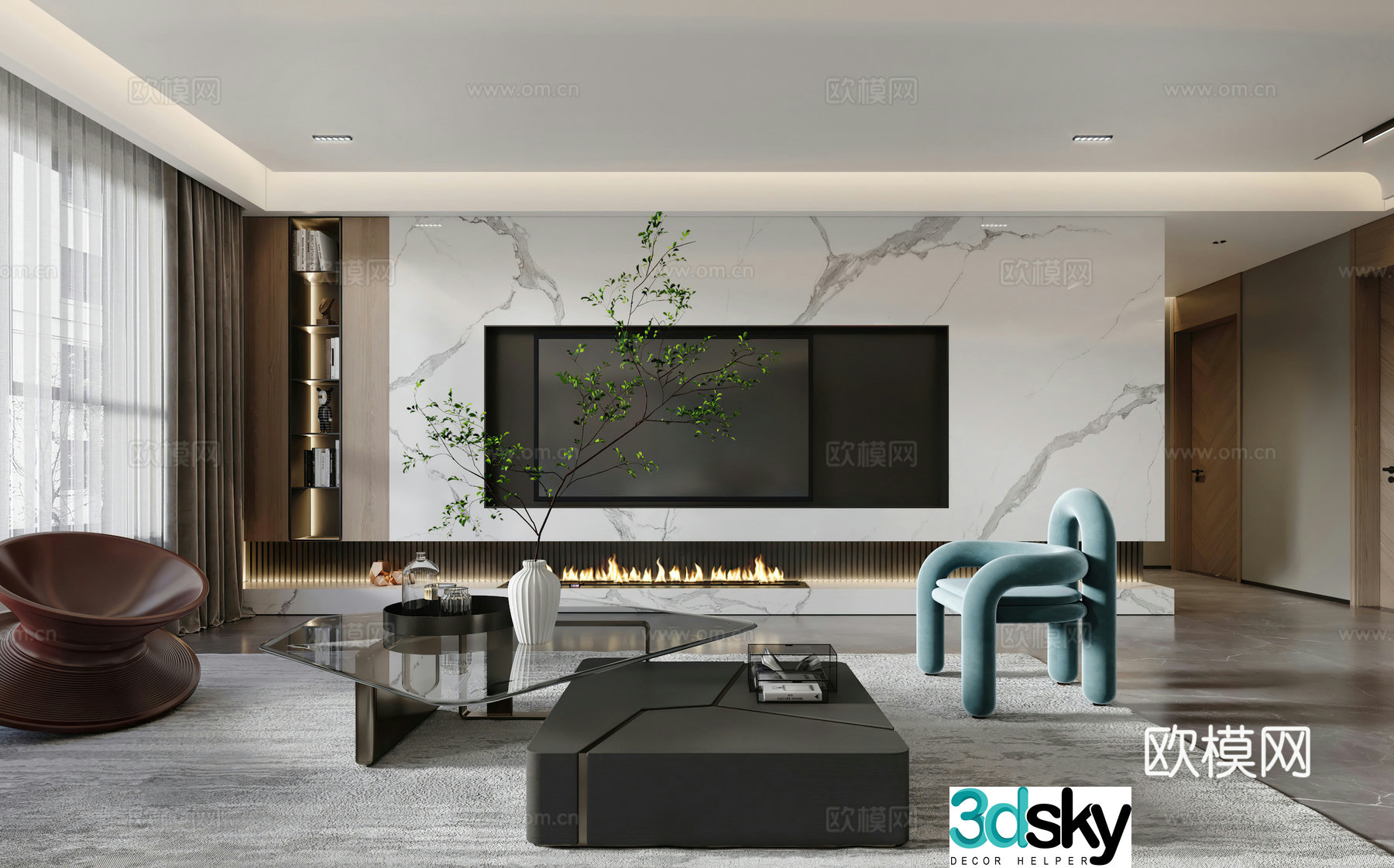Modern living room TV background wall fireplace lounge chair modern living room simple 3d model