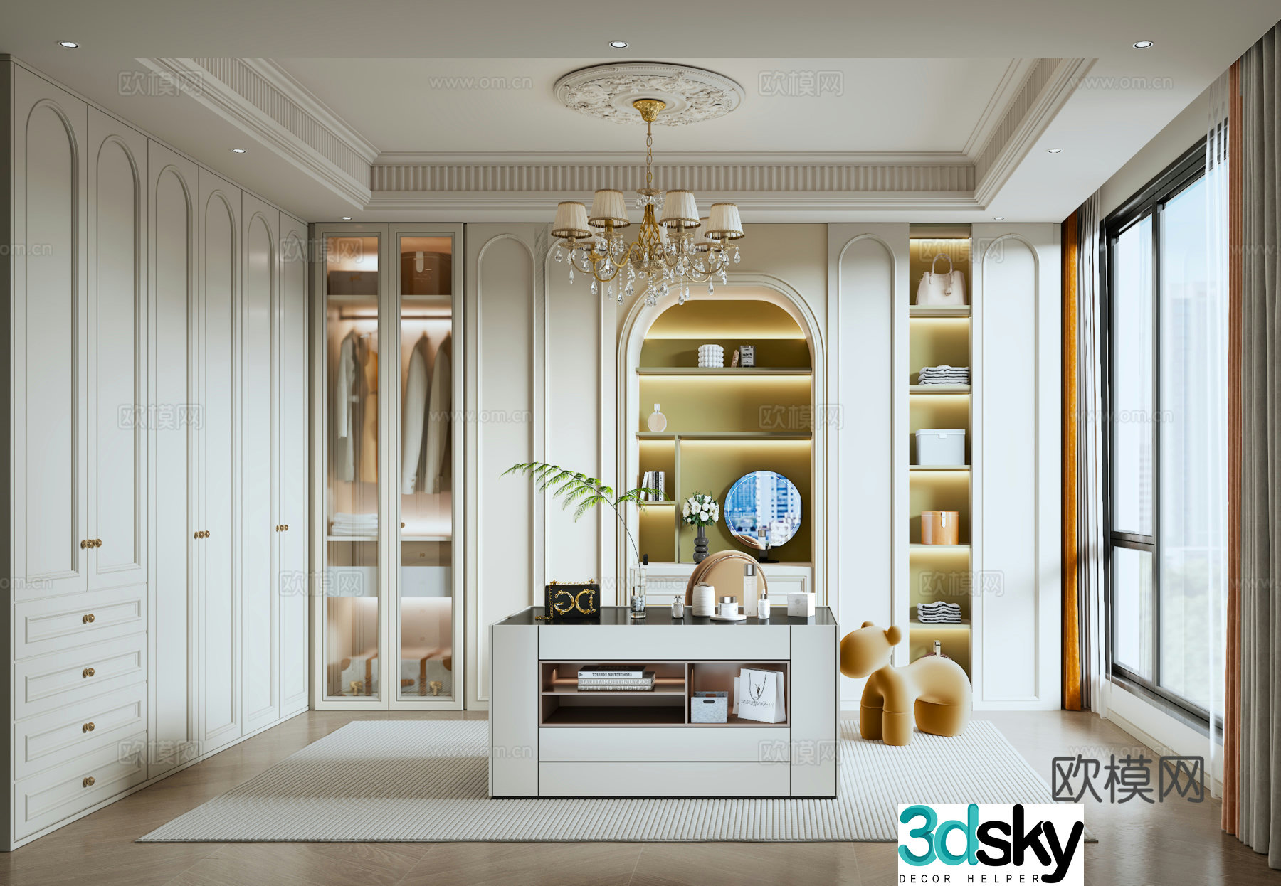 French minimalist island cloakroom wardrobe chandelier sculpture island vanity wardrobe 3d model
