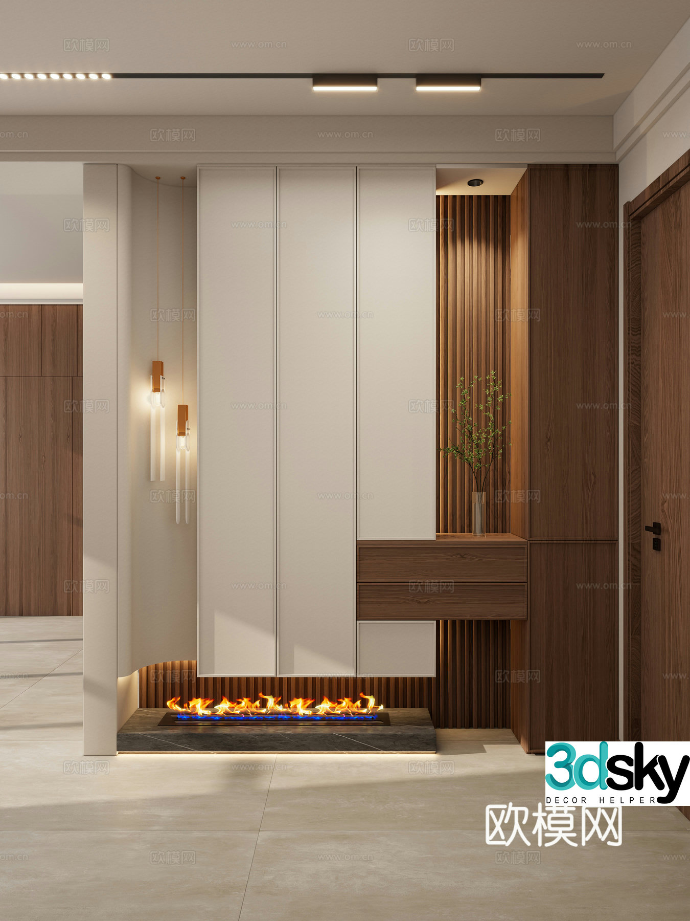 Middle style Log wind Skeleton line Flame fireplace Suspended roof Track lights Entrance entrance 3D model