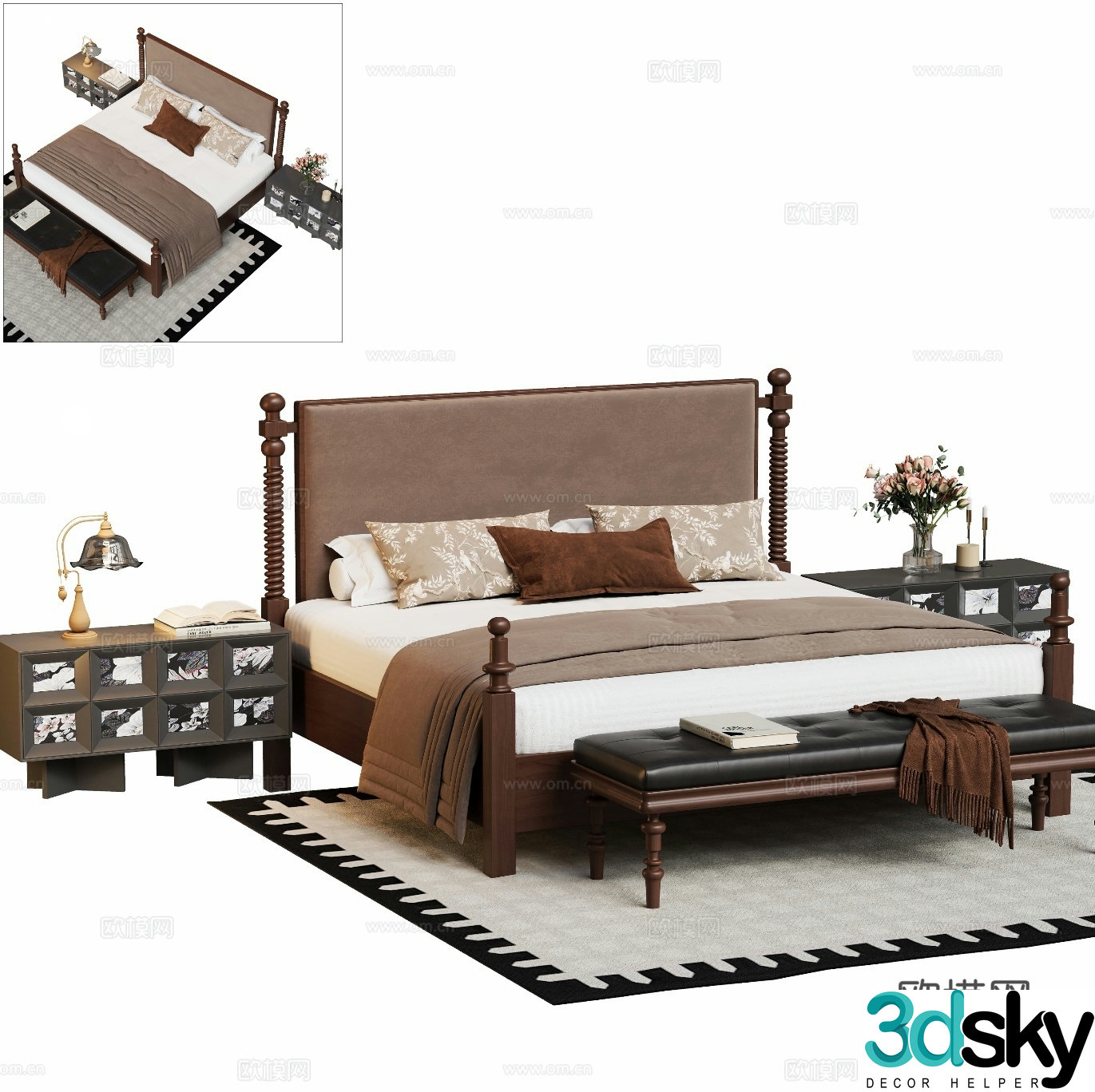 Medium style double bed combination ornament 3D model