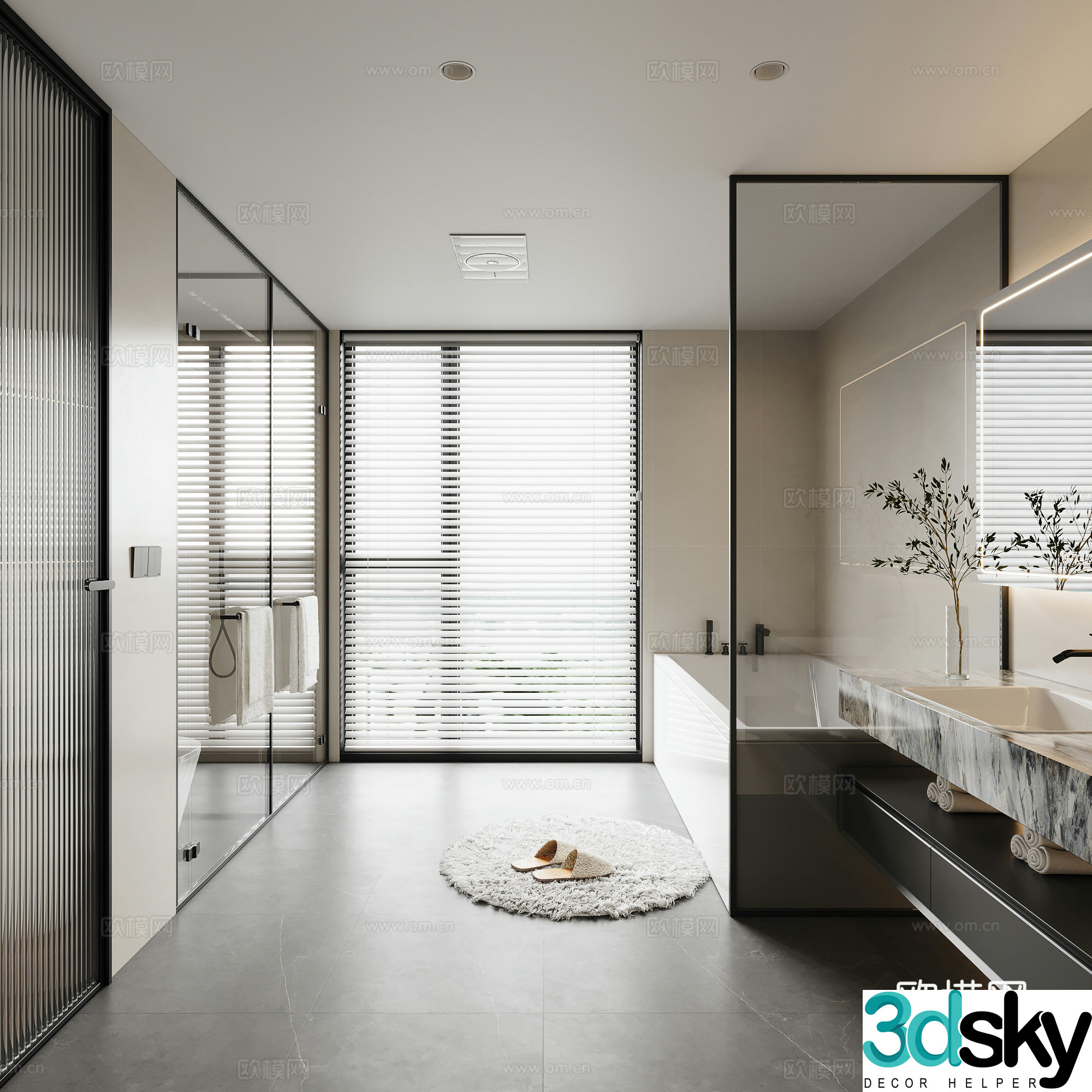 Modern bathroom Bathtub Glass partition Bath heater Round carpet 3d model