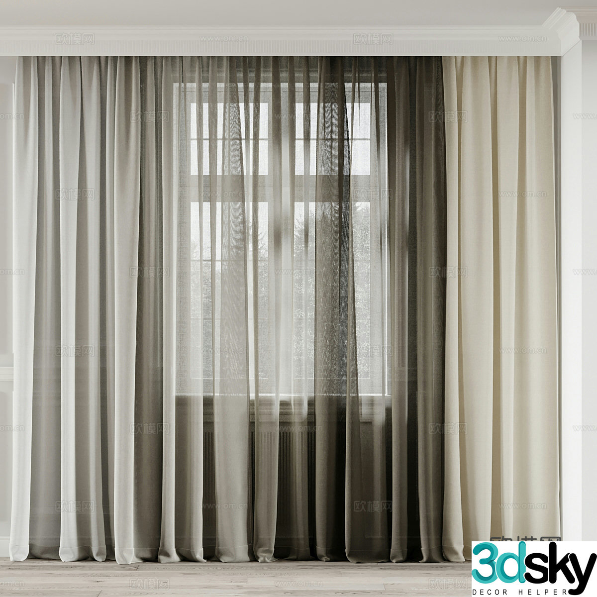 New Chinese style linen curtain gauze curtain 3d model