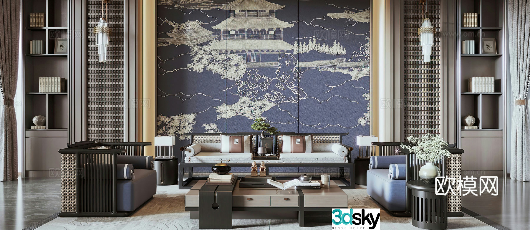 New Chinese style living room combination sofa desk lamp wall lamp new Chinese style living room leisure chair 3D model