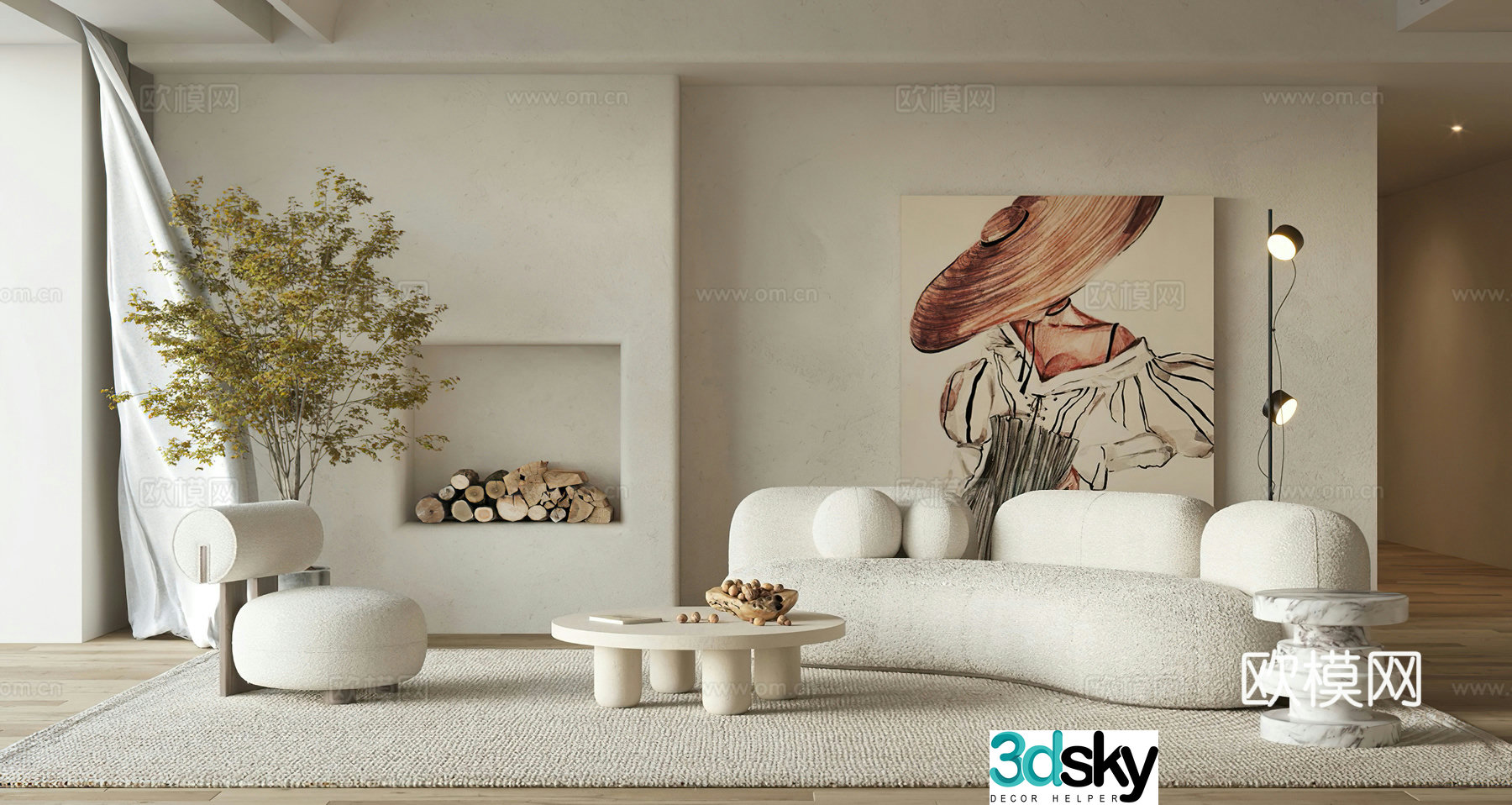 Creamy style restaurant combination sofa lounge chair Wasabi living room modern living room simple firewood 3d model