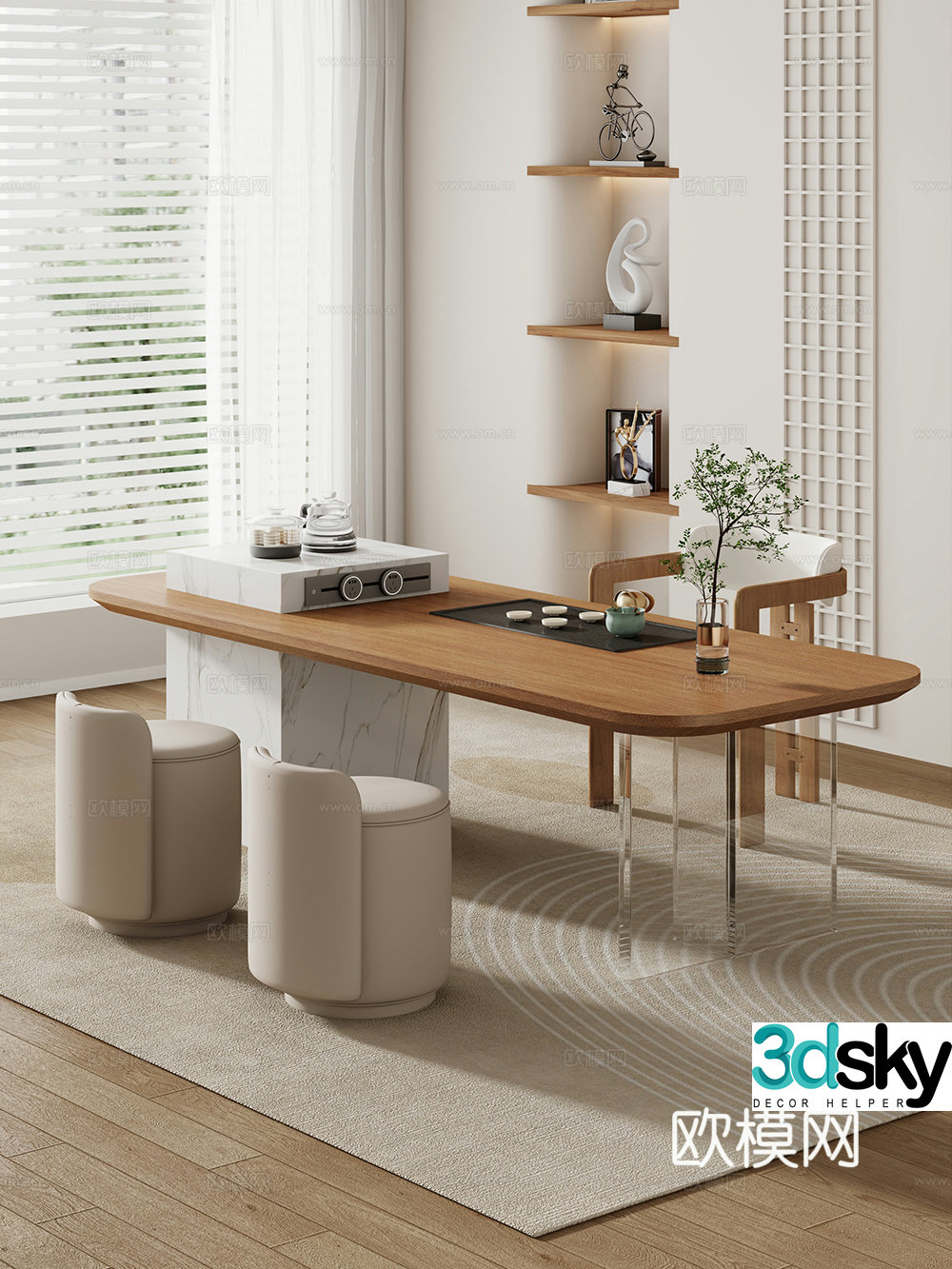 Creamy large plate table tea table and chair combination tea table tea table tea room tea table balcony tea table 3D model