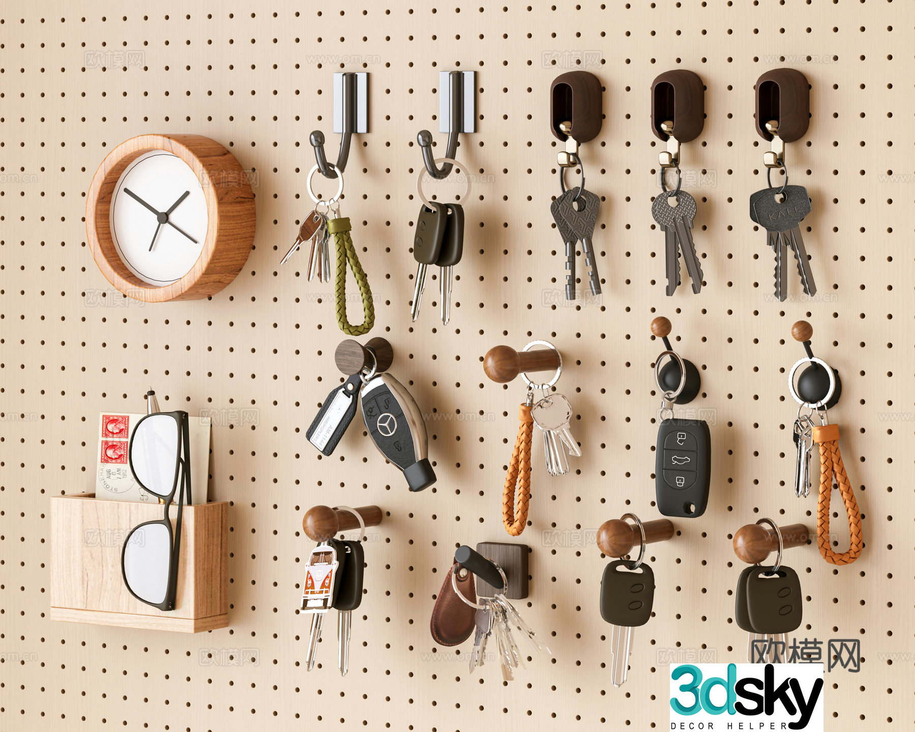 Modern keychain key hook hole board key pendant wall decoration pendant Mercedes-Benz car key 3D model