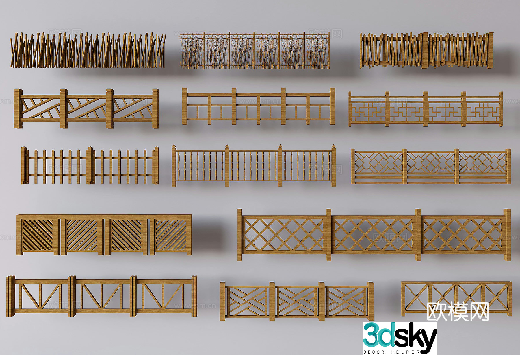 Middle style fence guardrail stairs solid wood guardrail courtyard wooden fence fence 3D model