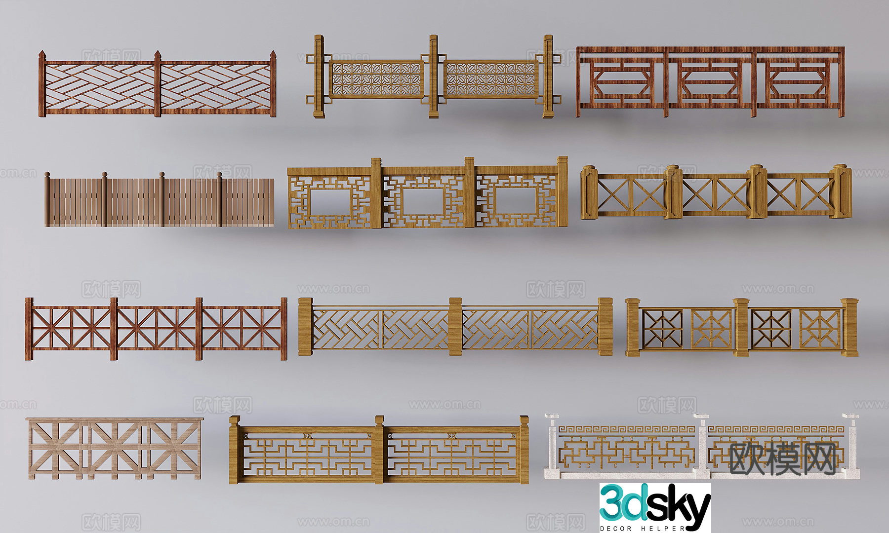 New Chinese-style fence guardrail staircase hollow lattice handrail solid wood railing fence fence 3D model