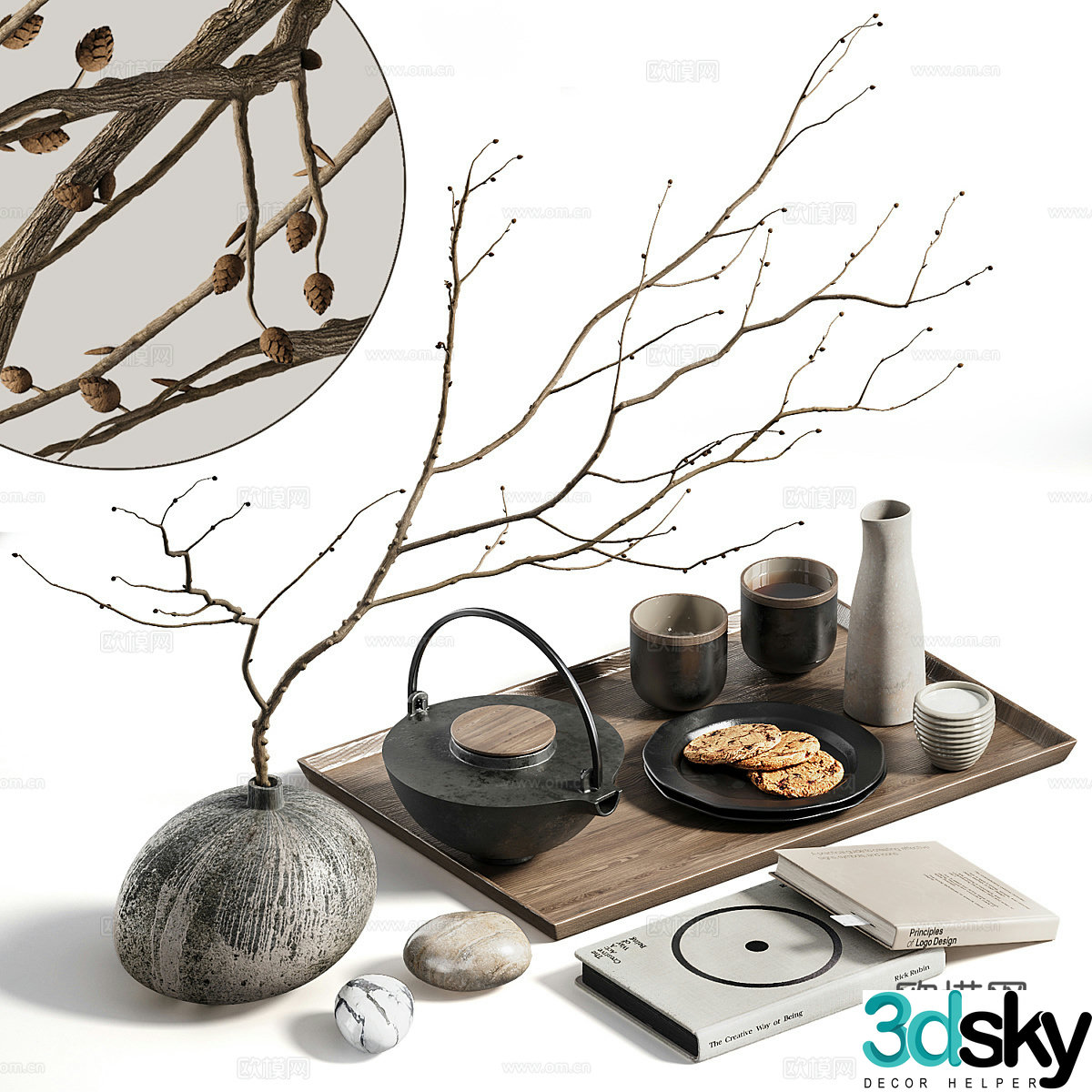 New Chinese style tea set vase dry branches 3D model