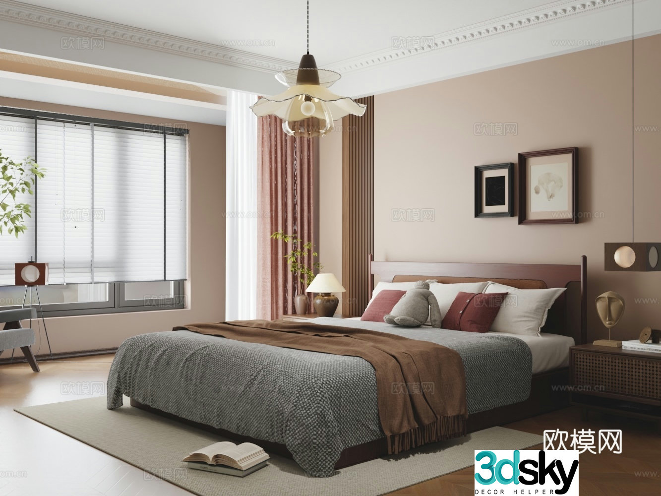 Chinese bedroom solid wood double bed nightstand background wall 3d model