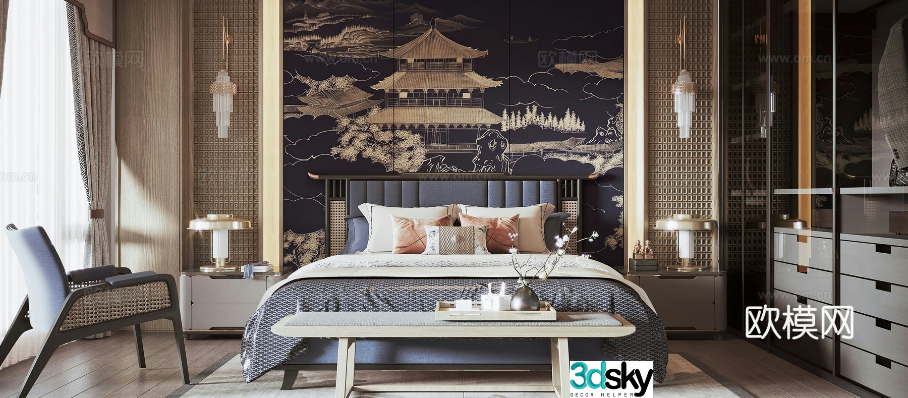 New Chinese style bedroom light luxury bedroom chandelier leisure chair wardrobe desk lamp wall lamp 3D model