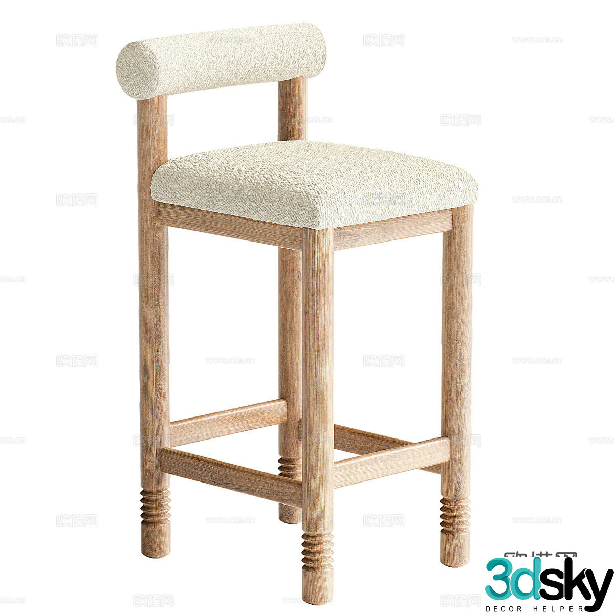 New Chinese style Waviva Revival Boucle Oak Bar Chair 3D Model