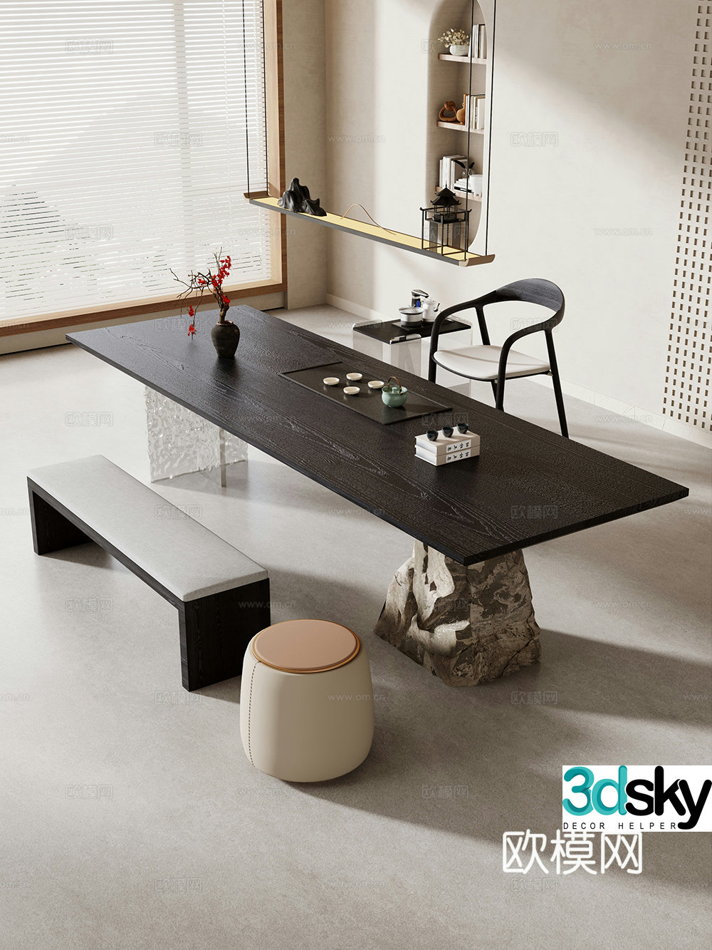 Creamy large plate table tea table and chair combination tea table tea table tea room tea table balcony tea table 3D model