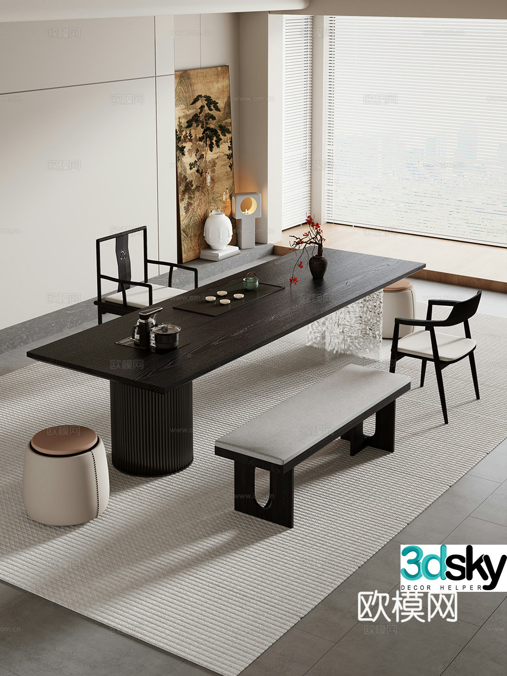 Creamy large plate table tea table and chair combination tea table tea table tea room tea table balcony tea table 3D model