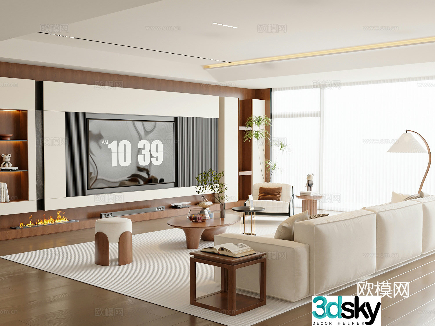 Modern medieval style living room sofa and coffee table TV background wall 3d model
