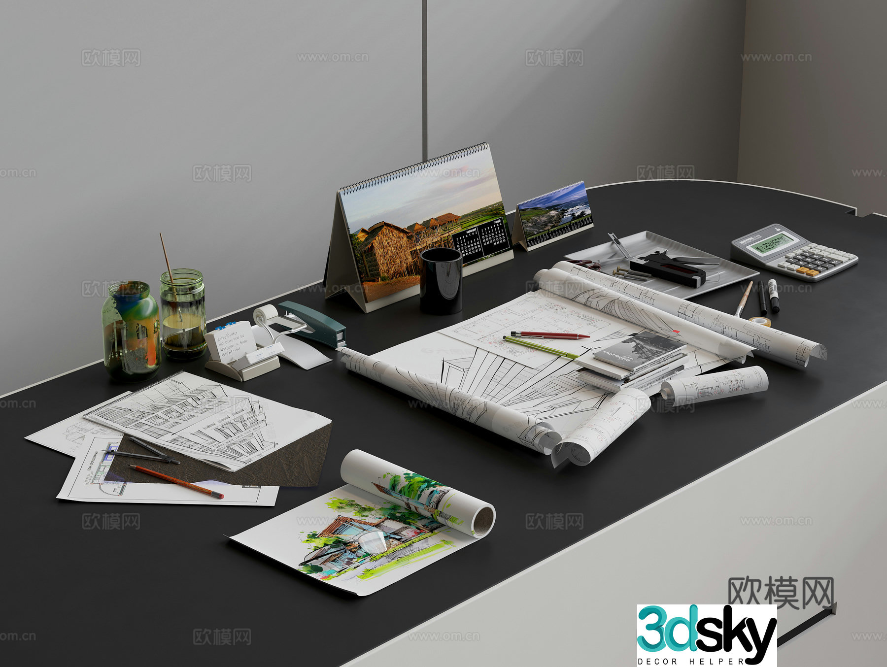Office stationery combination hand drawing pen computer stapler calendar cup 3d model
