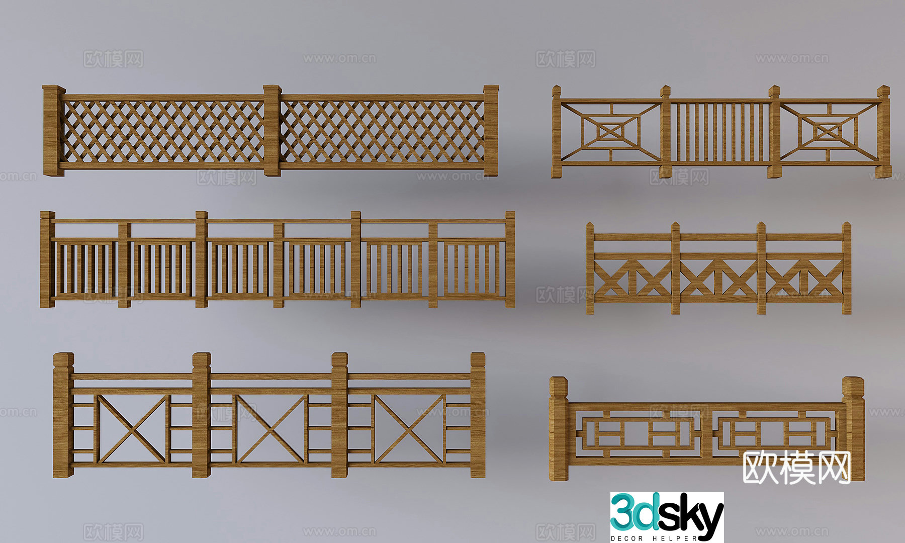 Middle-aged stair railing solid wood handrail fence hollow partition guardrail 3D model
