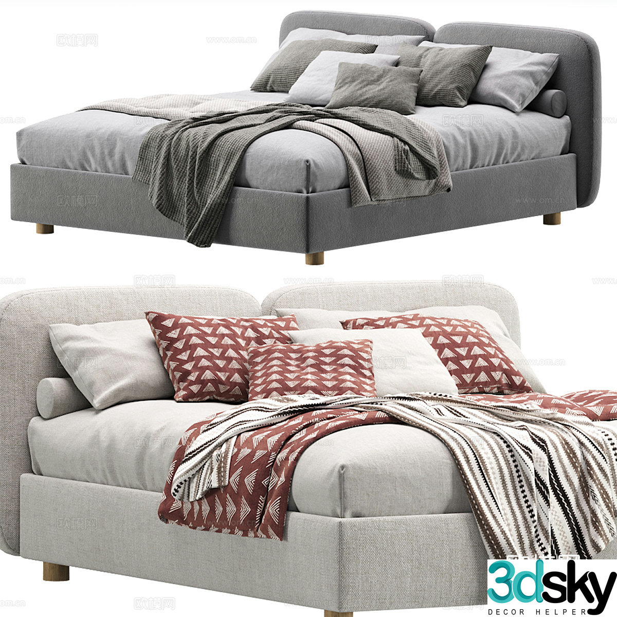 Modern cream style fabric double bed 3d model