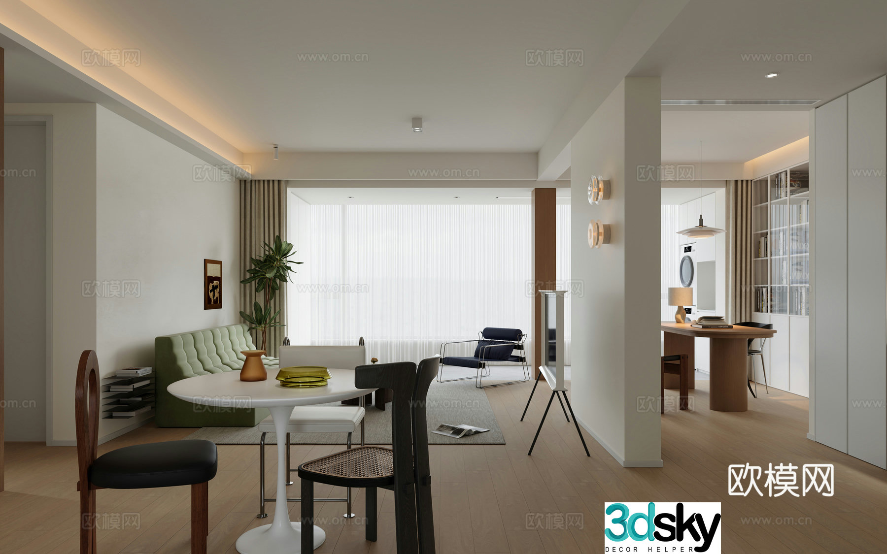 Creamy living room open study 3d model