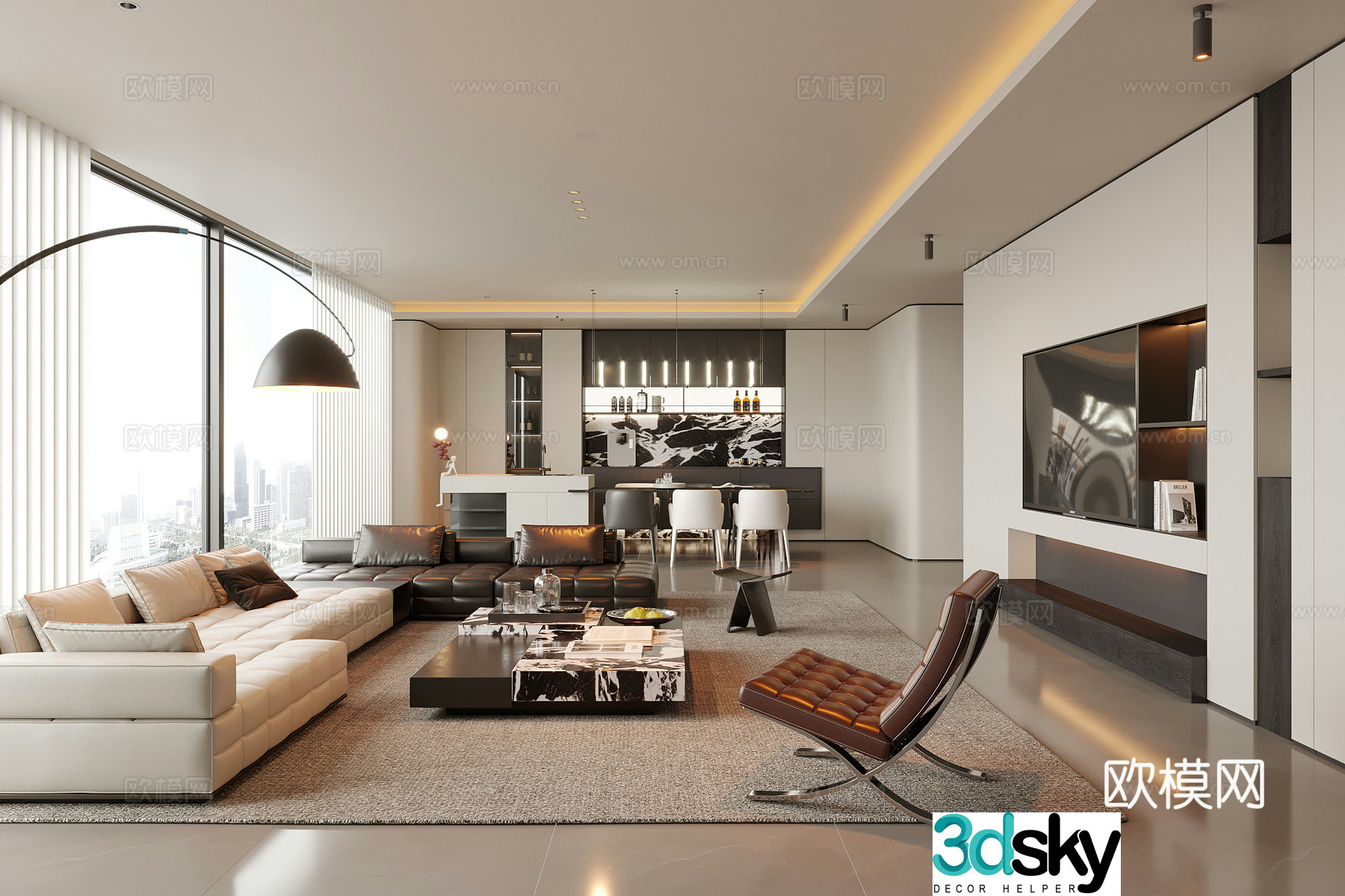 Modern living and dining room living room 3d model