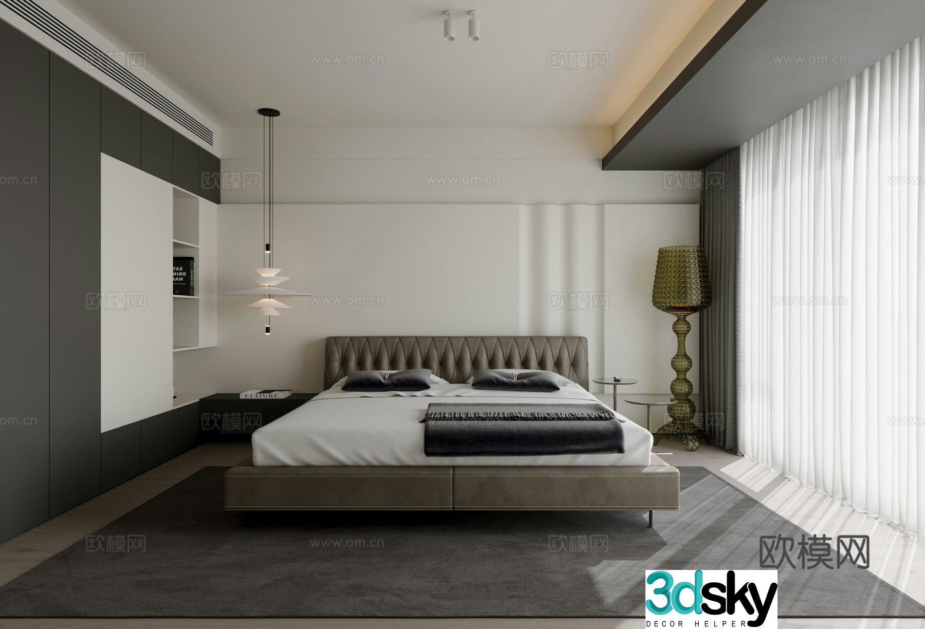 Modern bedroom bed carpet chandelier TV 3d model