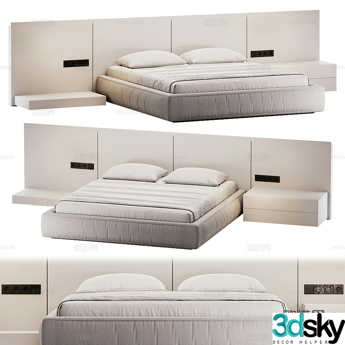 Modern Italian minimalist fabric double bed 3D model