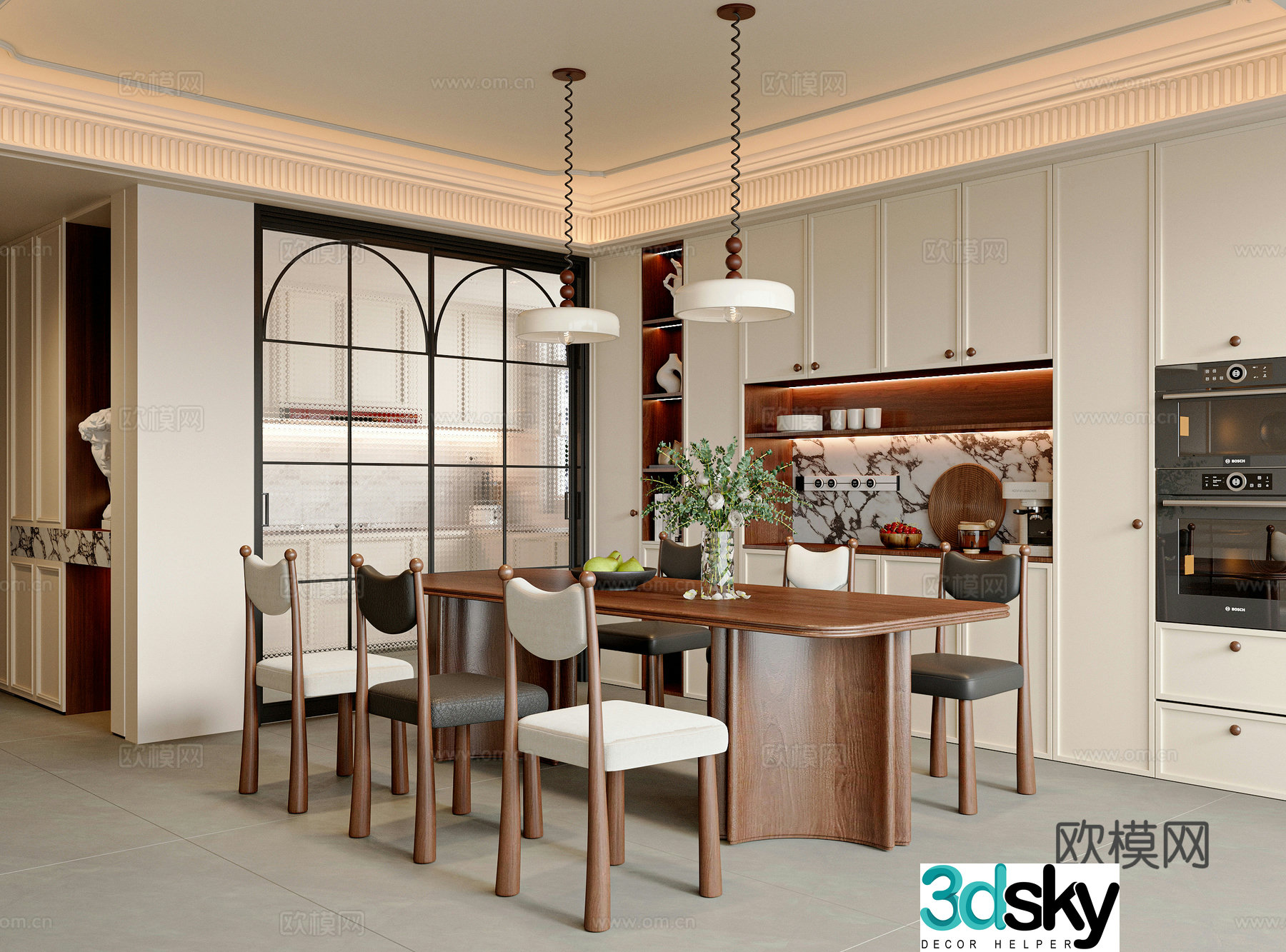 French medieval restaurant dining table and chair combination sideboard chandeliers restaurant accessories dining chairs 3D model